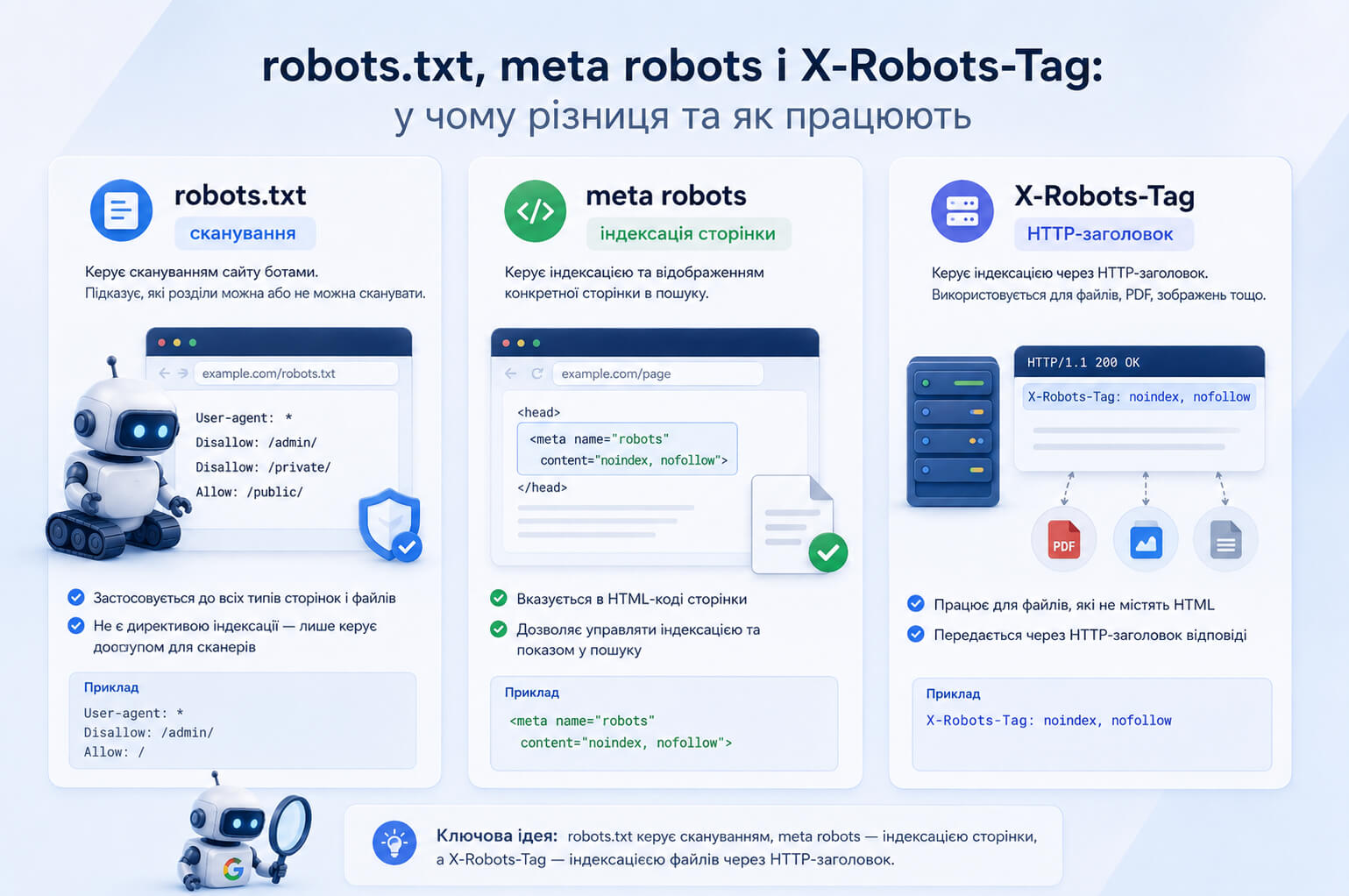 Порівняння robots.txt, meta robots і X-Robots-Tag: один інструмент керує скануванням, другий індексацією HTML-сторінки, третій правилами через HTTP-заголовок.