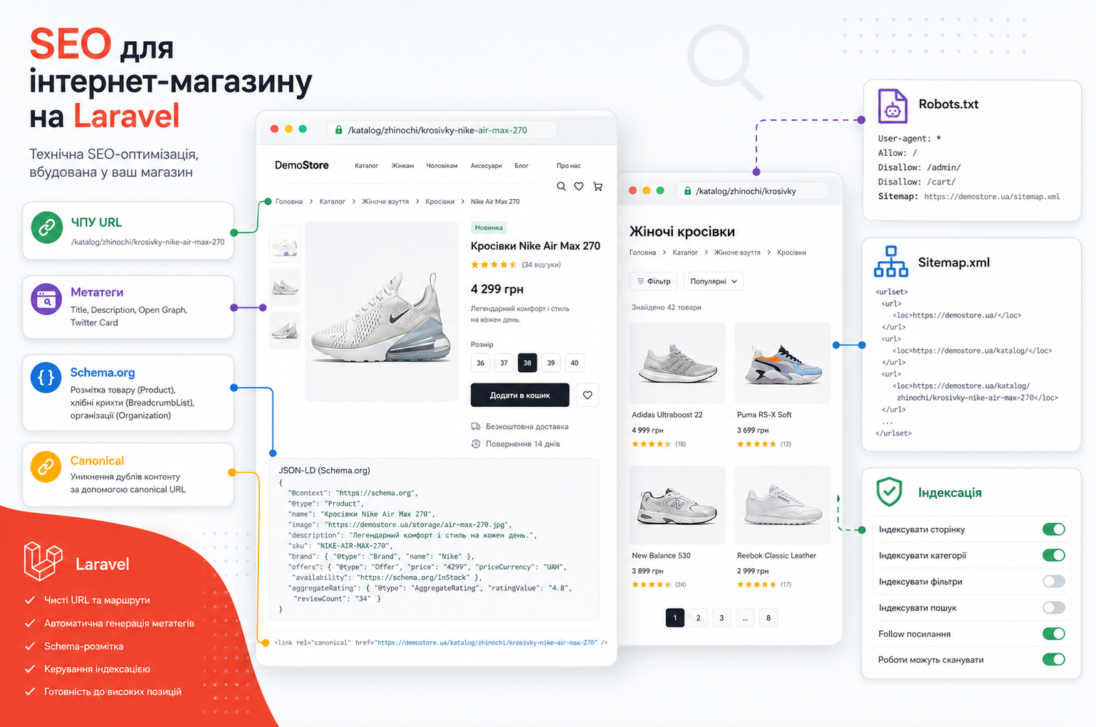 SEO для інтернет-магазину на Laravel: ЧПУ URL, метатеги, schema.org, robots.txt, sitemap.xml, canonical і керування індексацією.