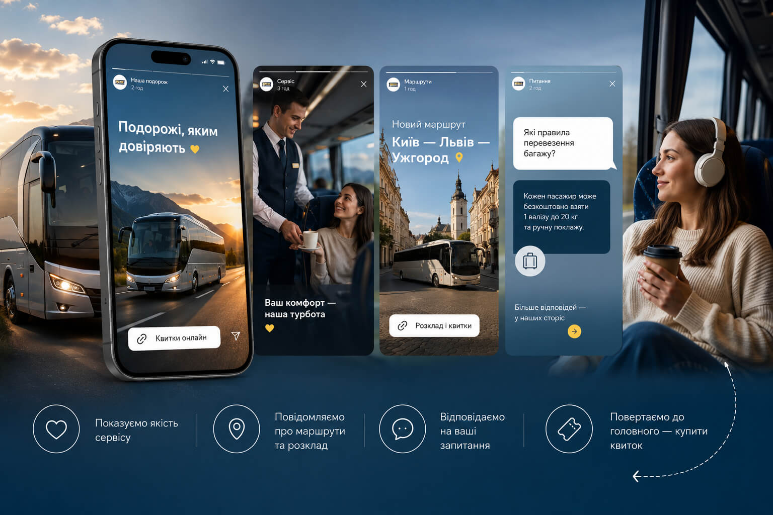 Bus carrier social media: stories with trips, service, answers to passenger questions, and links to buy tickets online.