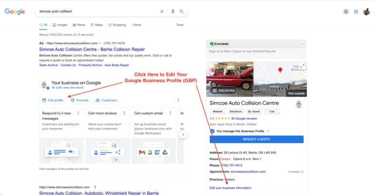 Google Business Profile interface example
