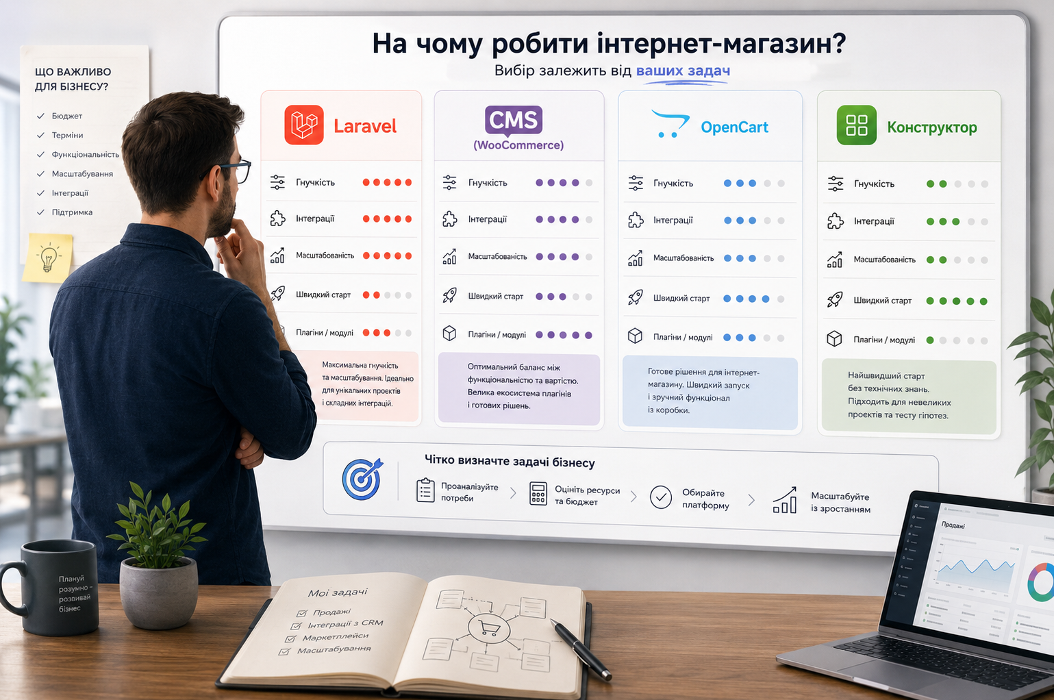 Вибір платформи для інтернет-магазину: порівняння Laravel, CMS, OpenCart і конструктора за гнучкістю, інтеграціями та масштабуванням.