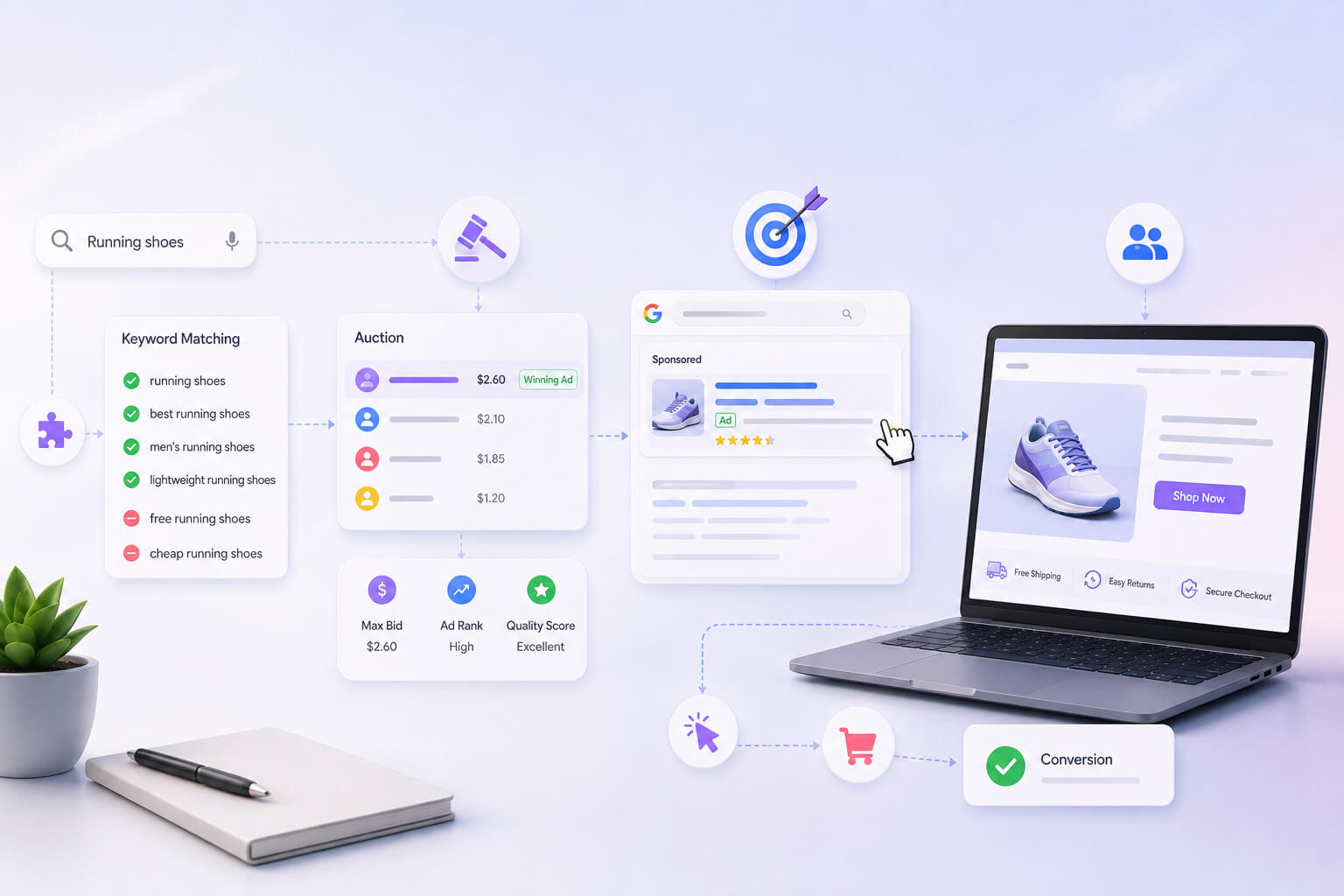 How Google Ads works: a search query goes through keywords, the auction, ad impression, click and conversion path on the website.