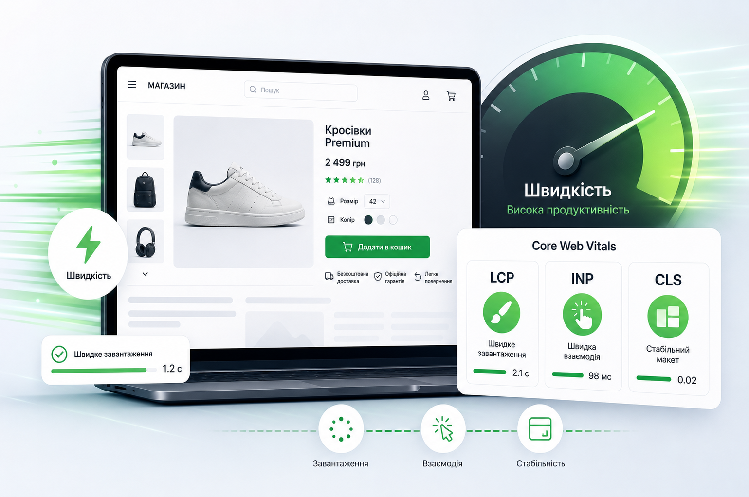 Швидкість інтернет-магазину на Laravel: сторінка товару, швидке завантаження, Core Web Vitals, LCP, INP і CLS для кращого UX.