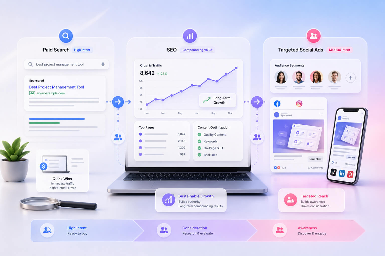 Comparison of paid search advertising, SEO and targeted advertising: each channel is shown as a separate way to attract users at different stages of decision-making.