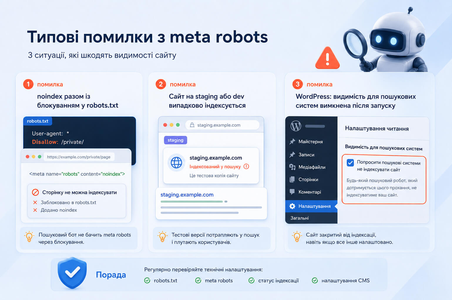 Типові помилки з meta robots: сторінку закрили noindex і одночасно заблокували в robots.txt, тестова копія сайту потрапила в Google, а в WordPress після запуску залишилася заборона індексації.