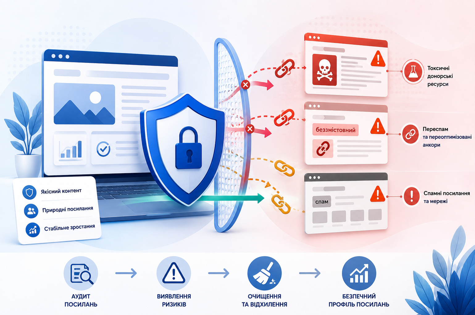 A scheme for protecting a backlink profile from toxic links: a quality website is separated from spammy donors, anchor overuse, and dangerous networks.