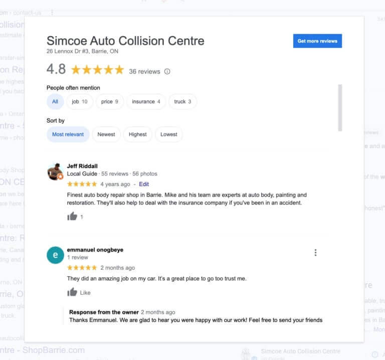 Google Business Profile reviews example