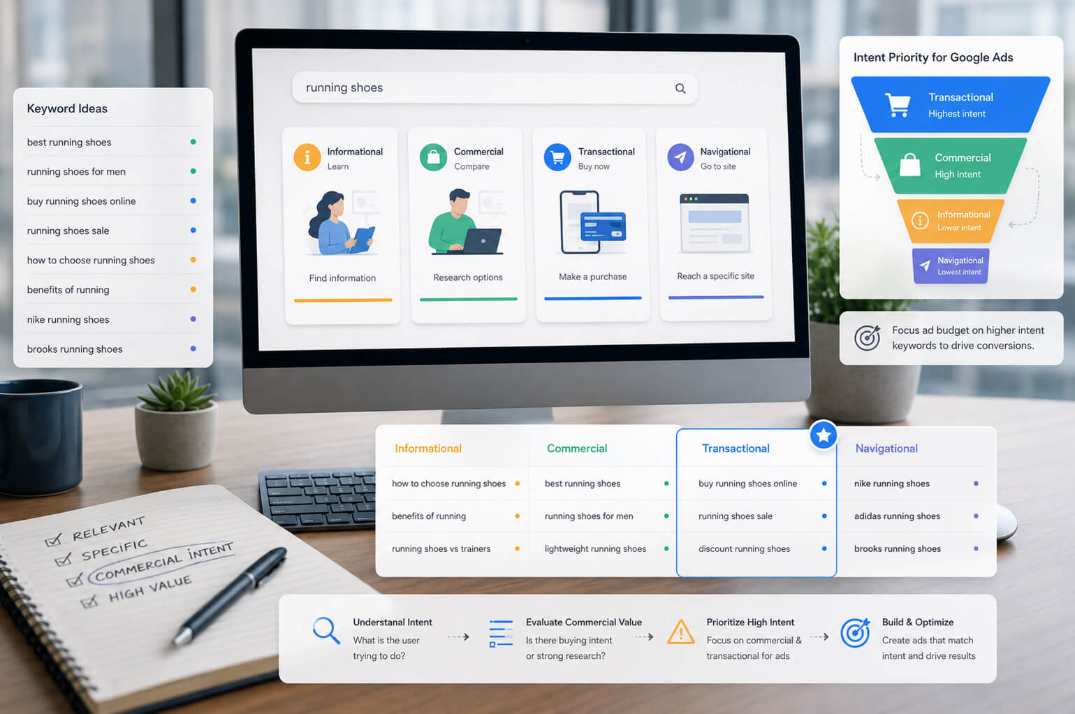 Розподіл ключових слів для Google Ads за пошуковим наміром: інформаційні, комерційні, транзакційні та навігаційні запити.
