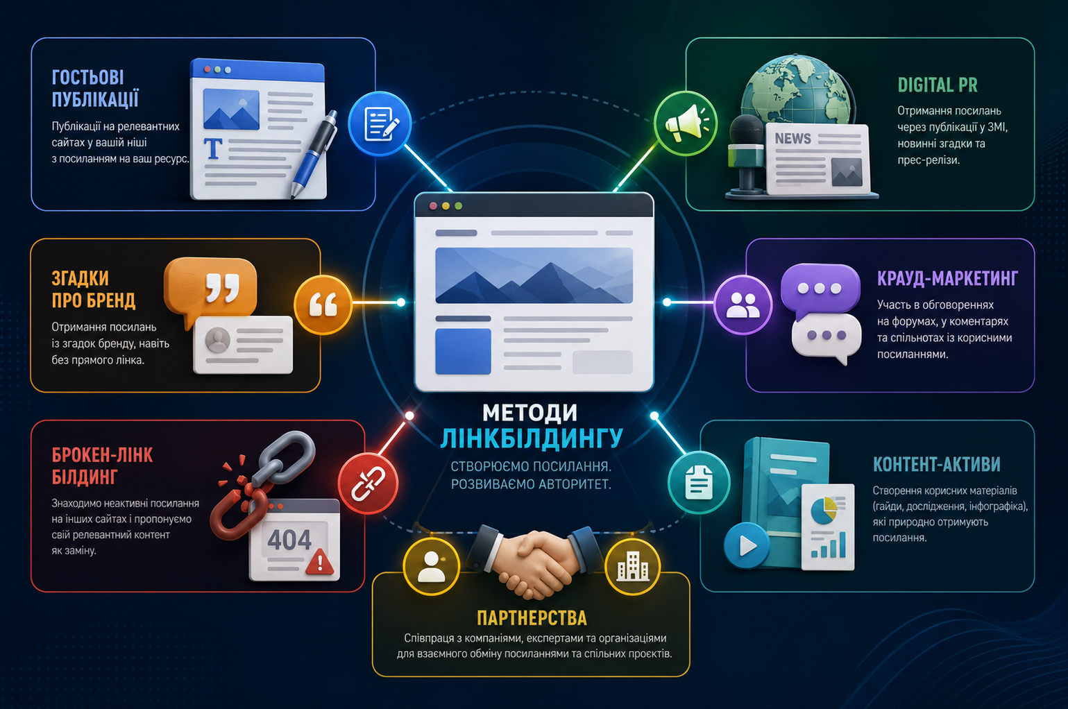 Infographic about link building methods: guest publications, digital PR, brand mentions, crowd marketing, partnerships, linkable assets, and broken link building.