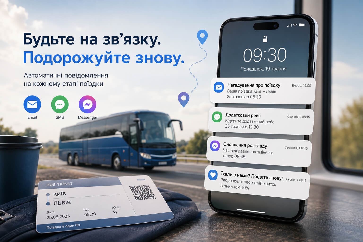 Messages for bus passengers: trip reminder, additional route, schedule update, and repeat ticket booking.