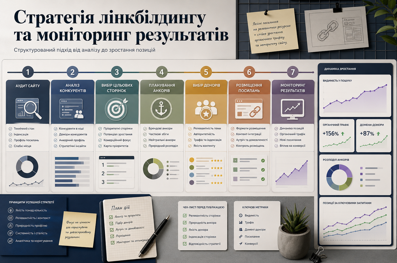 Visual link building strategy: website audit, competitor analysis, target page selection, anchor planning, link source selection, link placement, and result monitoring.