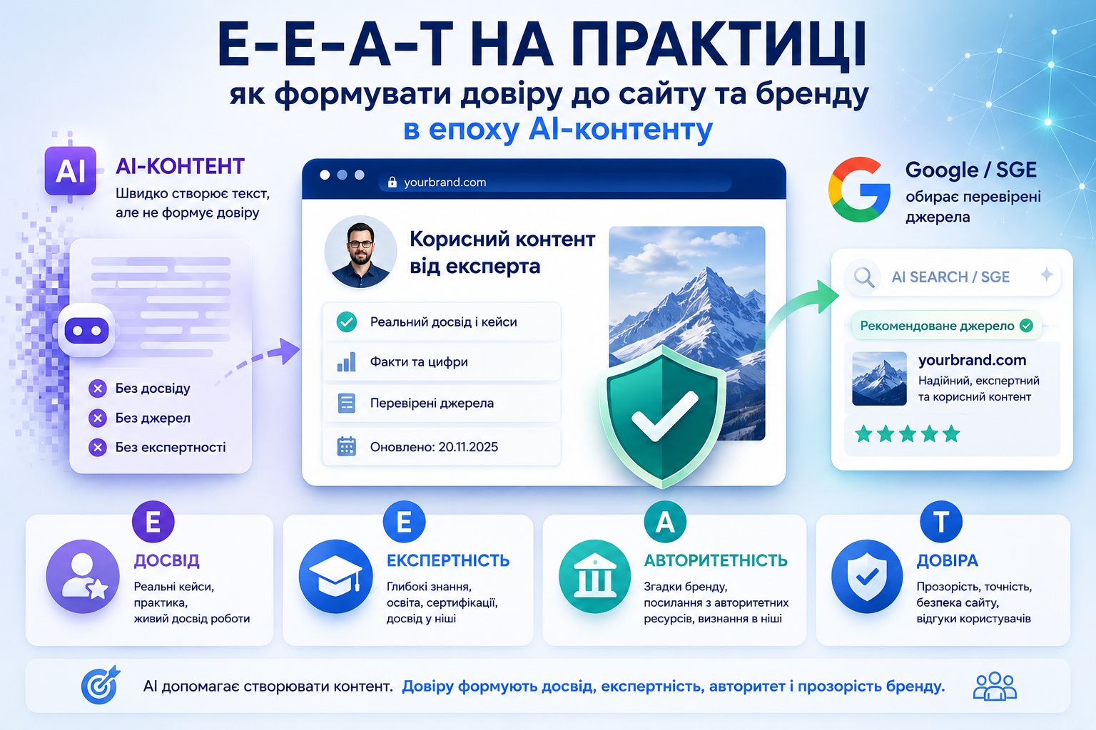 Інфографіка про E-E-A-T на практиці: AI-контент порівнюється з експертним матеріалом, який має реальний досвід, факти, перевірені джерела, автора і більше шансів стати надійним джерелом для Google та SGE.