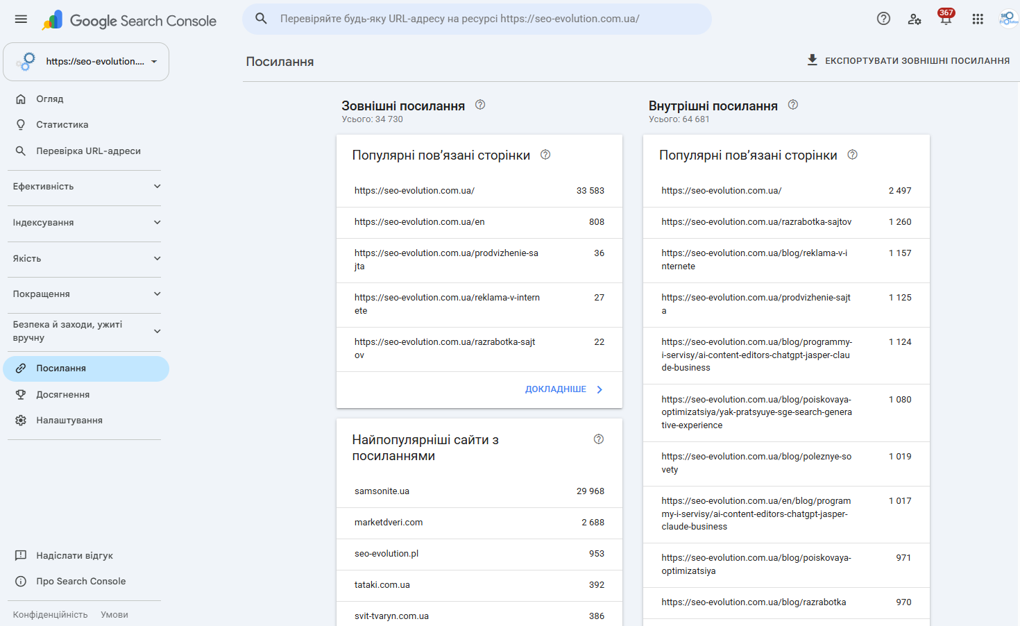 Внешние и внутренние ссылки в отчёте Google Search Console