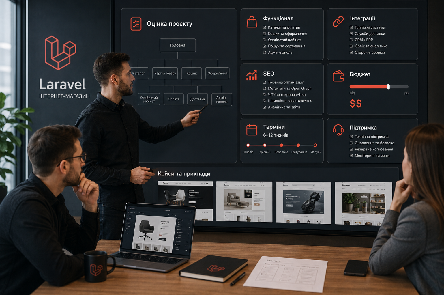 Обговорення проєкту інтернет-магазину на Laravel: структура сайту, функціонал, SEO-вимоги, бюджет, терміни, підтримка і приклади робіт.
