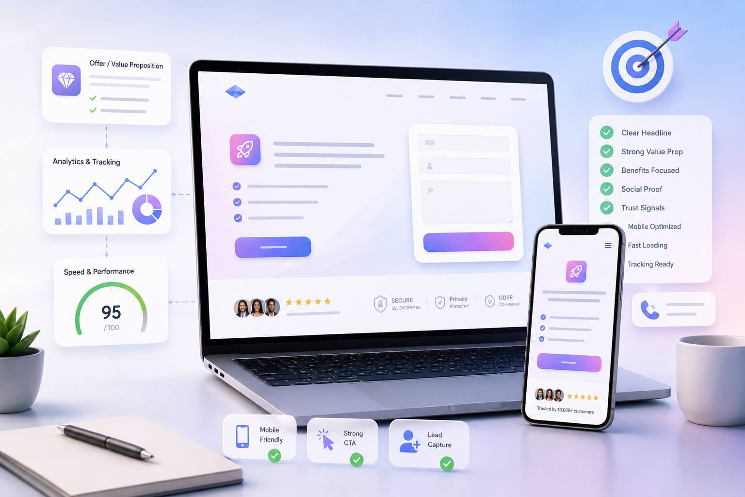 Preparing a website for an advertising launch: landing page, request form, analytics, loading speed, mobile version and trust elements.