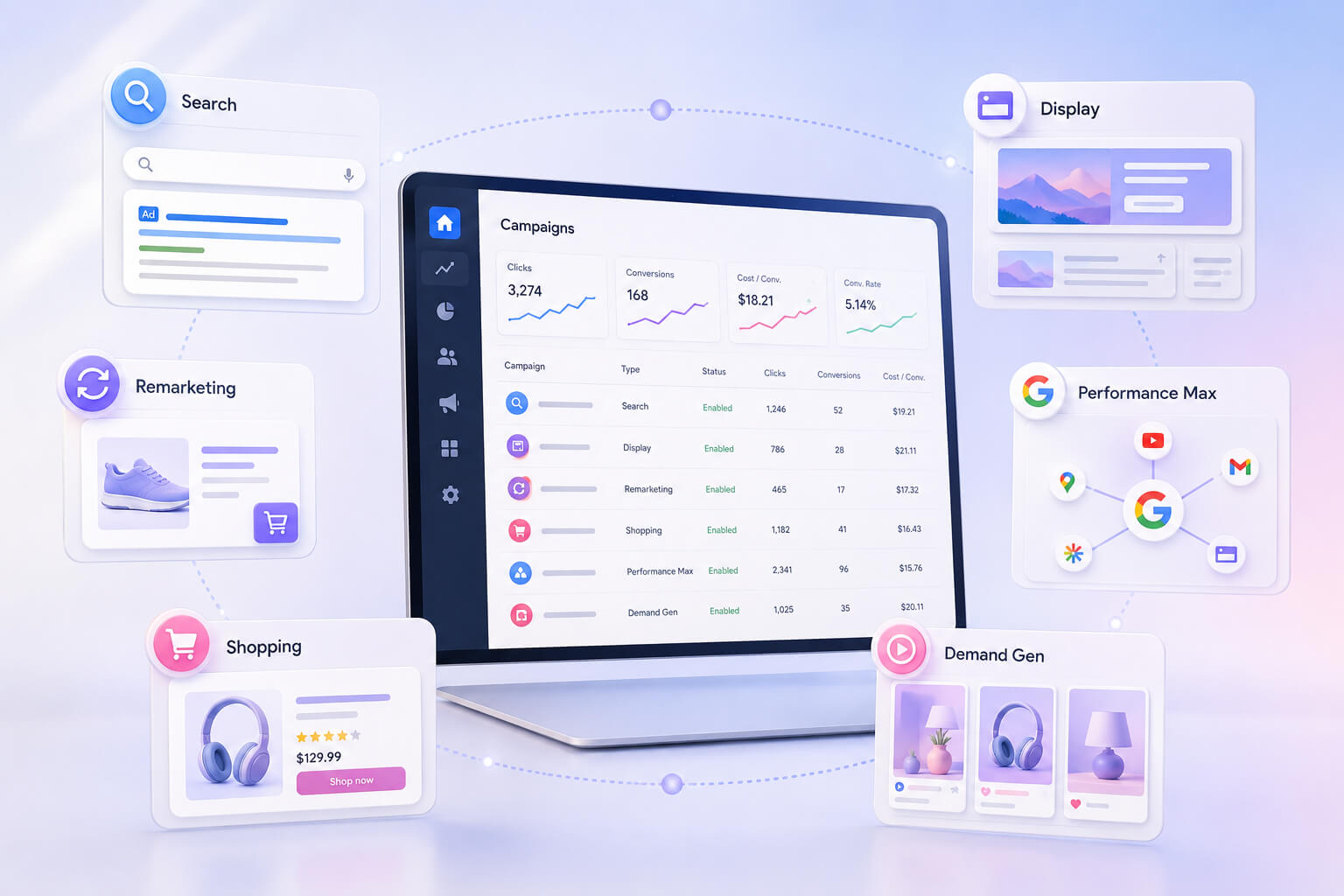 Illustration of different Google Ads campaign types: search, display advertising, remarketing, Shopping, Performance Max and Demand Gen around one advertising account.