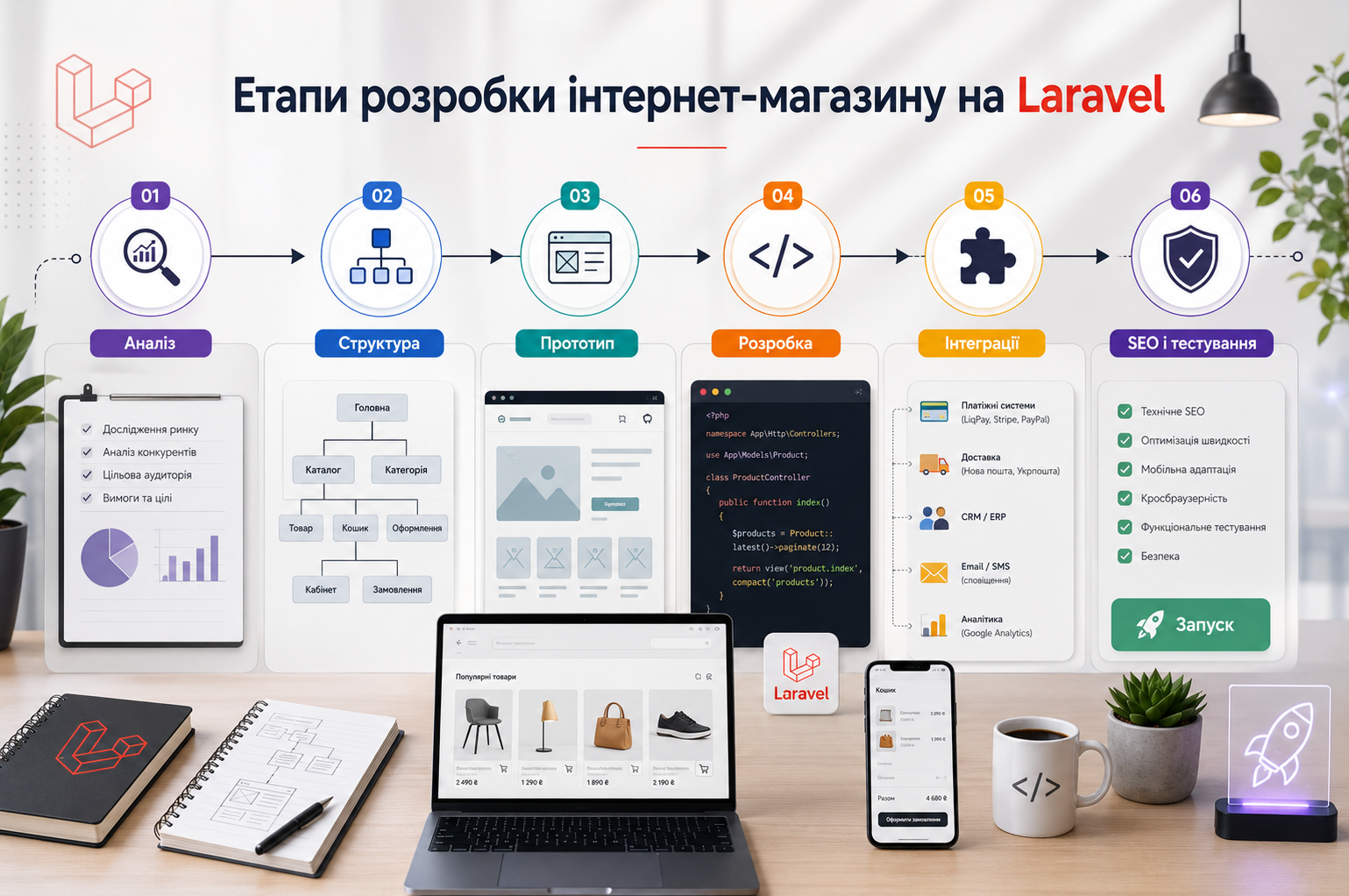 Етапи розробки інтернет-магазину на Laravel: аналіз, структура, прототип, програмування, інтеграції, SEO, тестування і запуск.