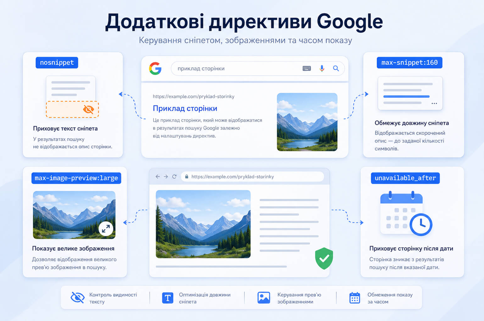 Приклади додаткових директив Google для результатів пошуку: керування сніпетом, довжиною опису, прев&rsquo;ю зображення і датою, після якої сторінку не потрібно показувати.
