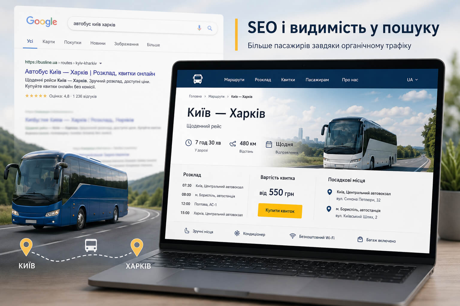 Bus carrier route page in Google search: schedule, ticket price, boarding points, purchase button, and organic visibility for a specific direction.