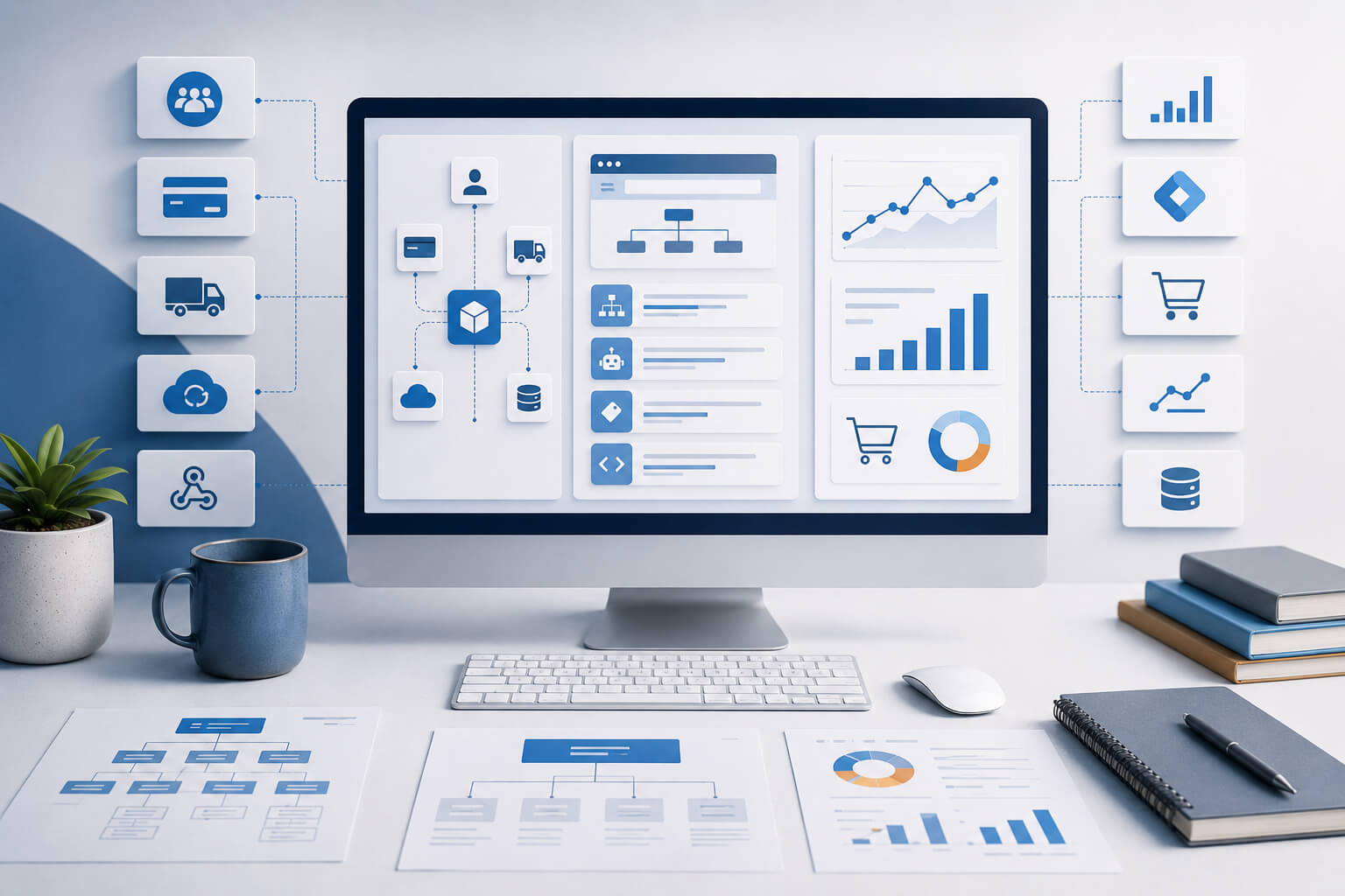 Схема інтеграцій у технічному завданні: сайт пов&rsquo;язаний із CRM, оплатою, доставкою, обліком, аналітикою, базою даних та іншими зовнішніми сервісами.