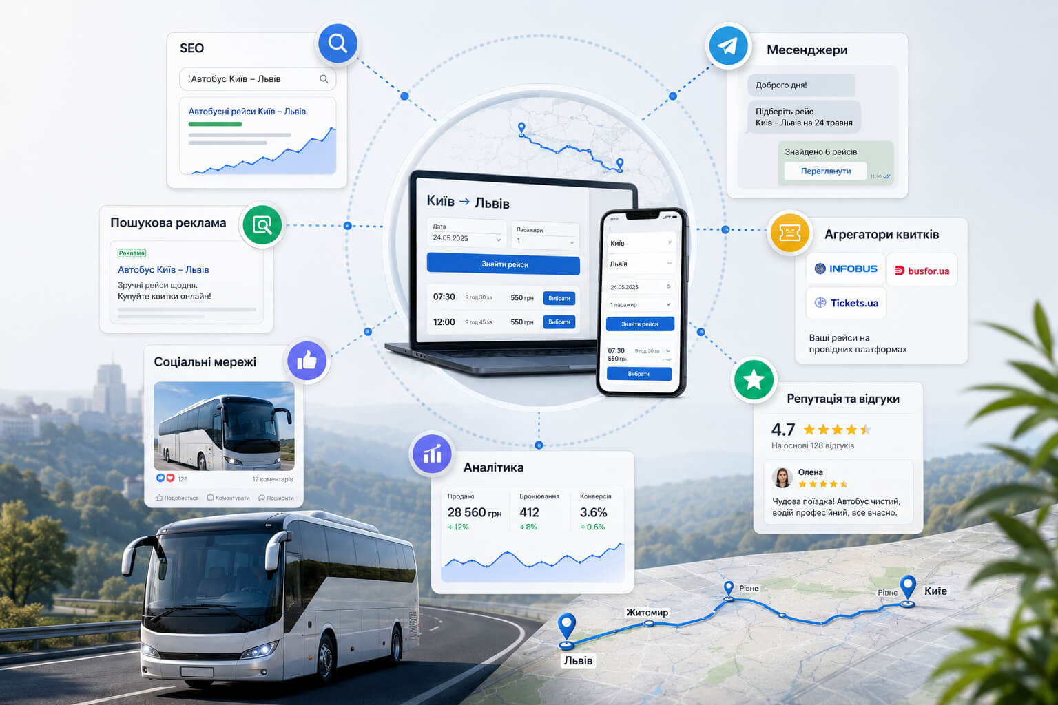 Bus carrier promotion system: SEO, search ads, social media, messengers, ticket aggregators, reviews, and analytics around a specific route.