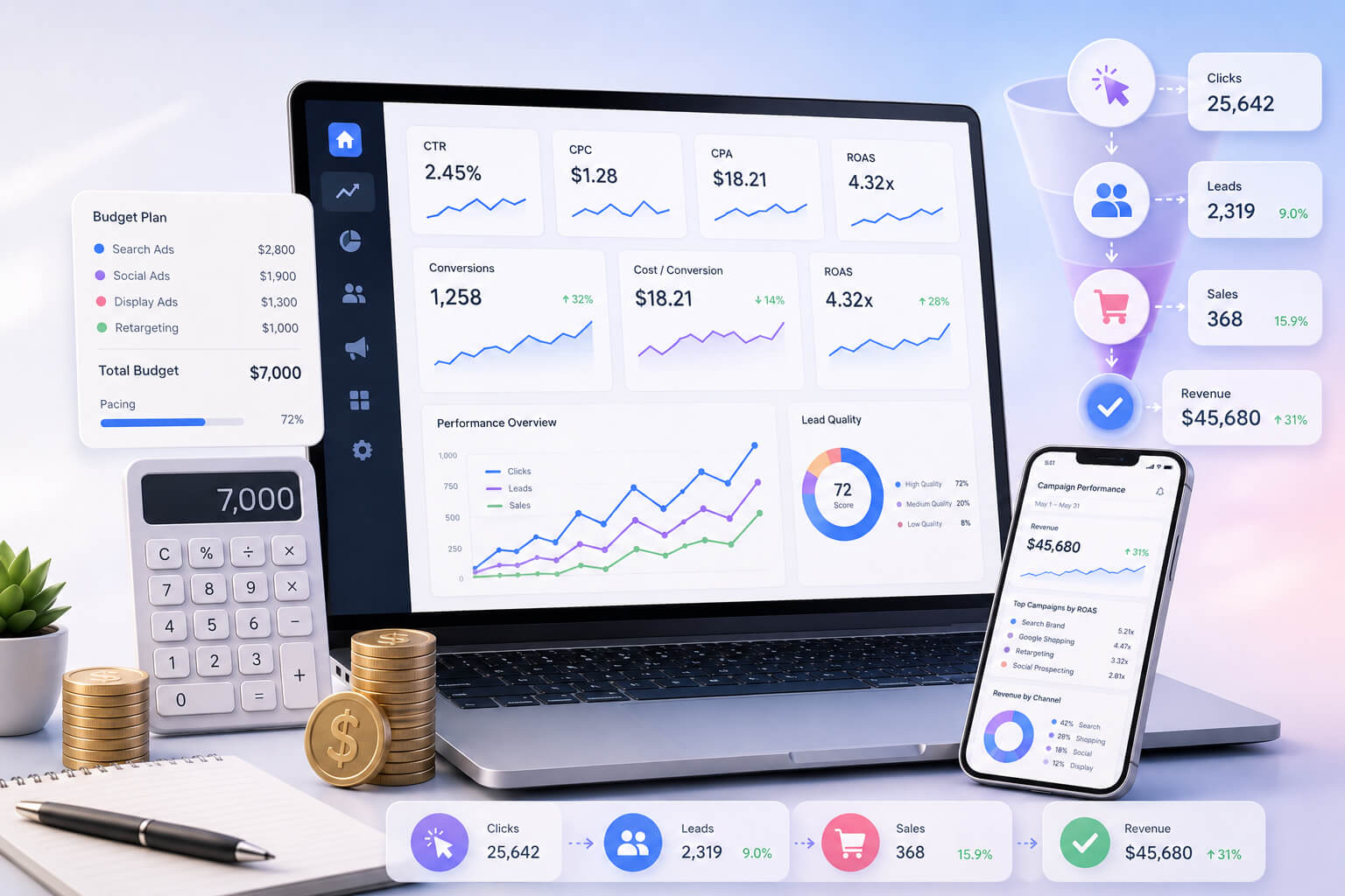 Illustration of contextual advertising performance evaluation: ad budget, CTR, CPC, CPA, ROAS, number of leads, sales and revenue shown in an analytics dashboard.